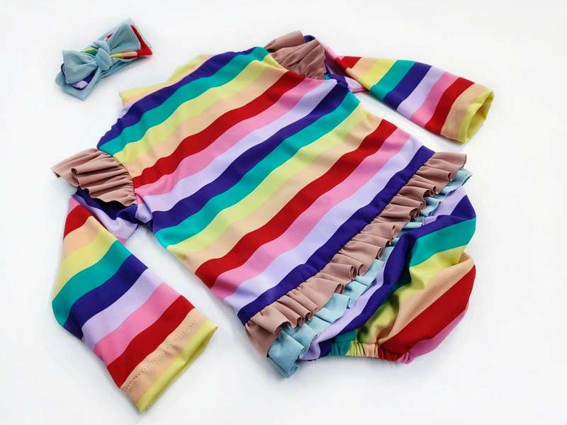 Colorful stripe girl with headband swimsuit