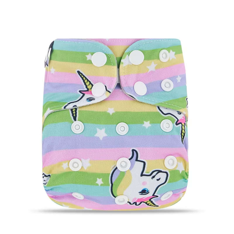 Newborn reusable cloth diaper, grey suede, ALL-IN-ONE, Rainbow unicorn