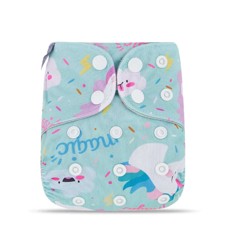 Newborn reusable cloth diaper, grey suede, ALL-IN-ONE, mint unicorn