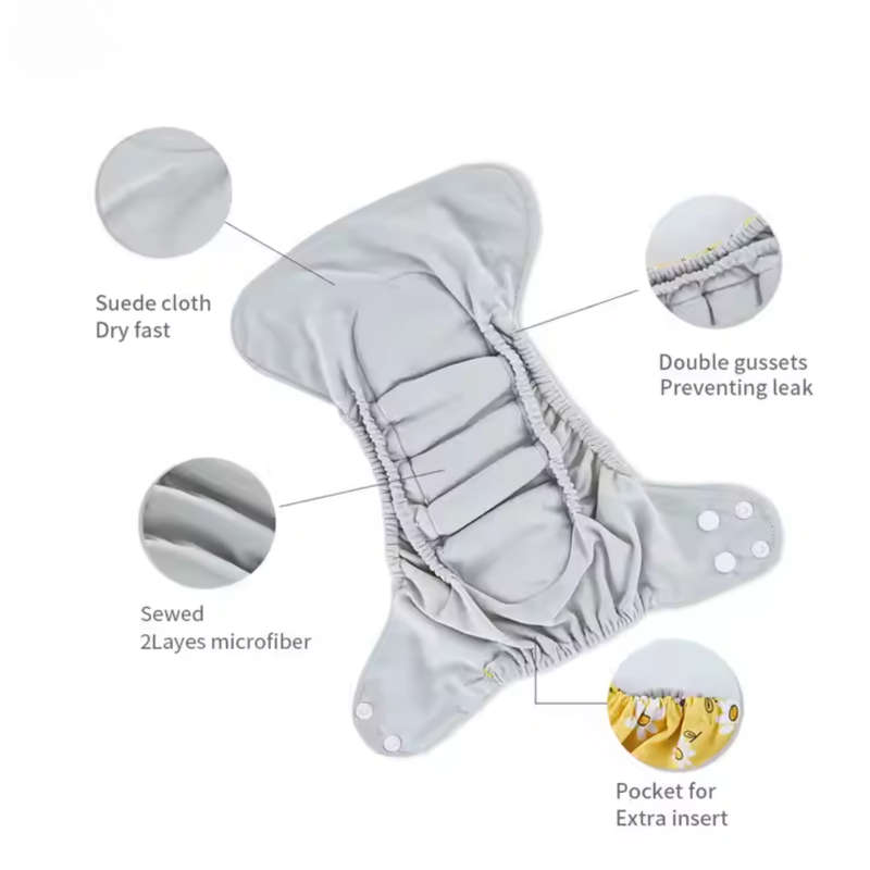 Newborn reusable cloth diaper, grey suede, ALL-IN-ONE, mint unicorn