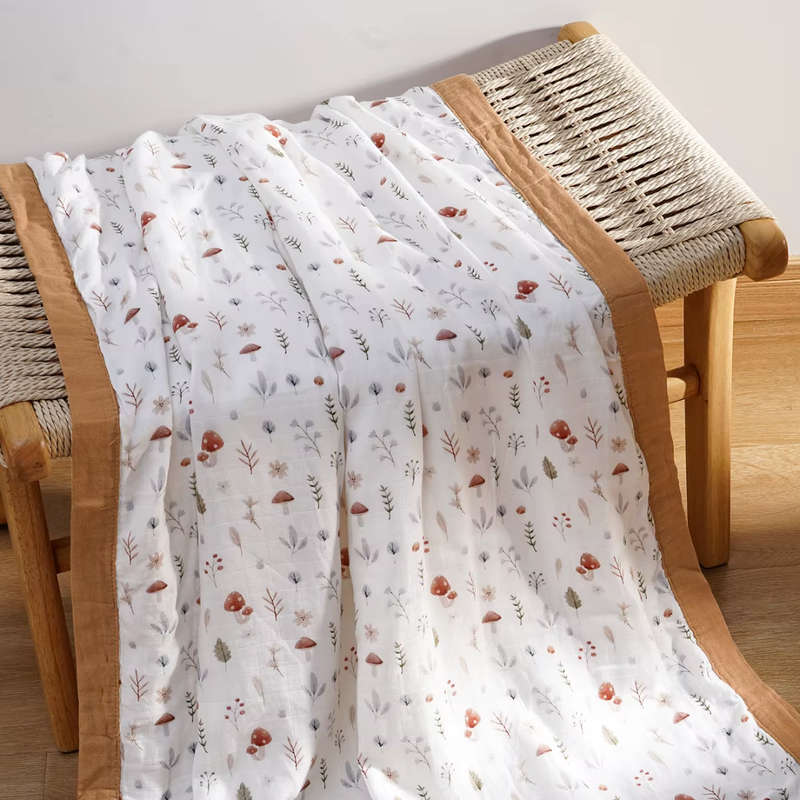 Bamboo cotton muslin blanket - 4 layers - In the forest with brown edge