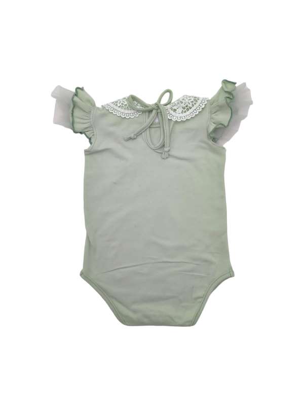 Short sleeve Mint lace collar with drama sleeves vest & Headband set