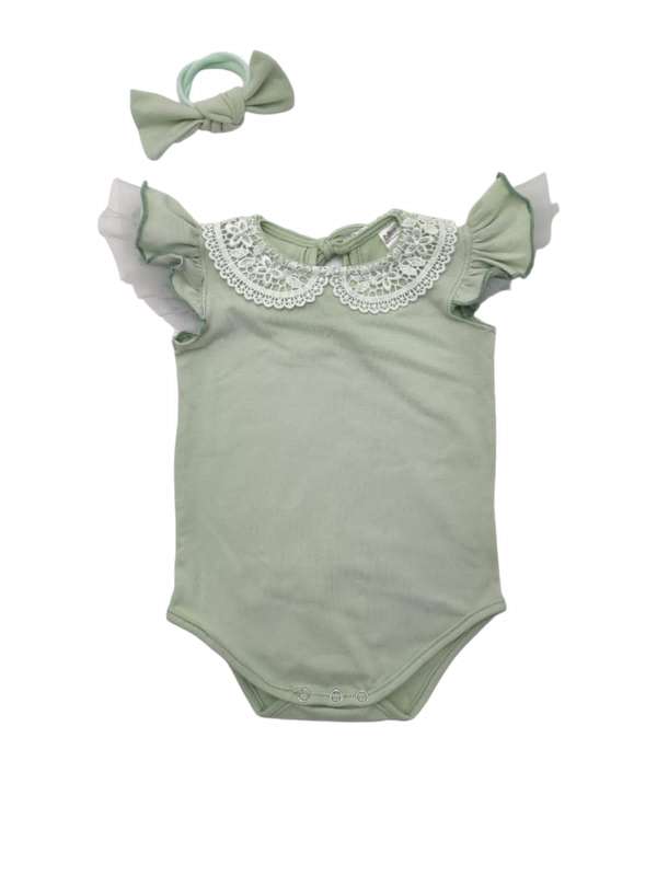 Short sleeve Mint lace collar with drama sleeves vest & Headband set