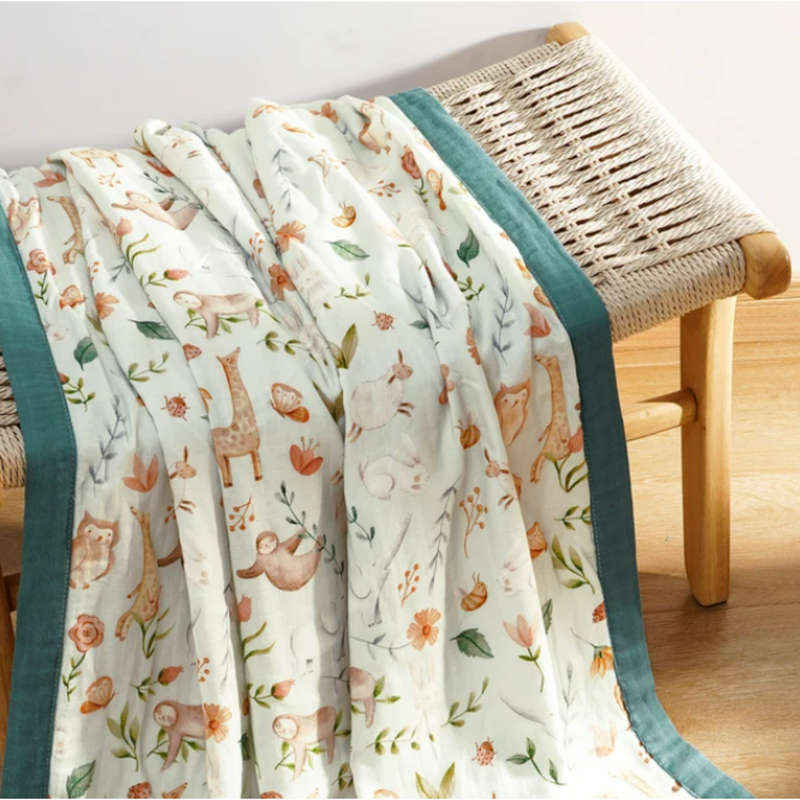 Bamboo cotton muslin blanket - 4 layers - Baby animal drawings