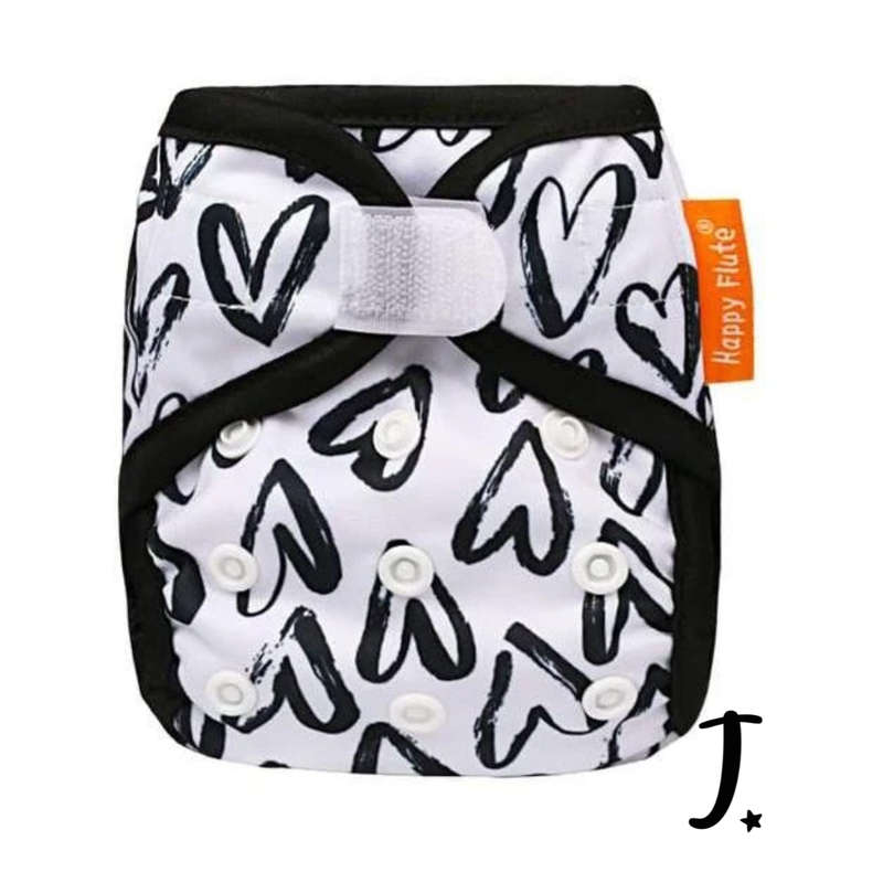 Newborn Happy Flute Diaper Cover, Black & White Hearts Print