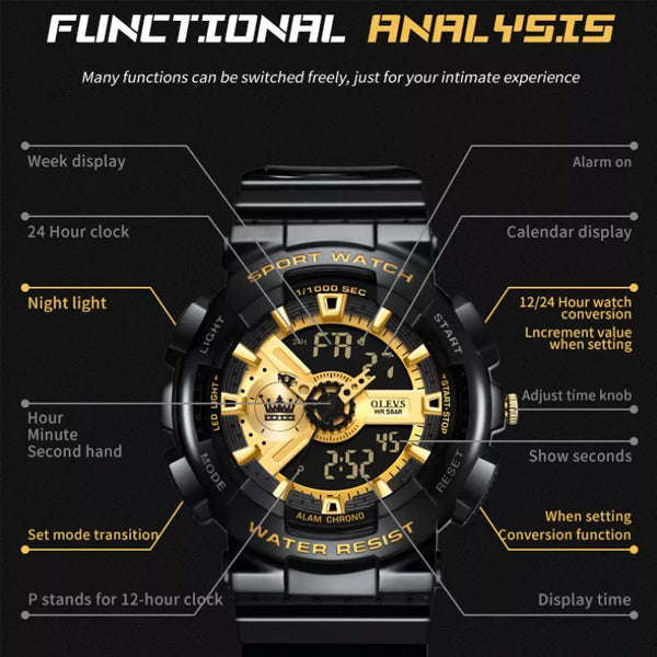 Olevs 1102 Unisex Shockproof Waterproof Digital Sports Silicone Wrist Watch Black