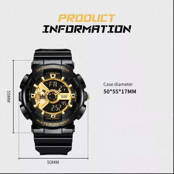 Olevs 1102 Unisex Shockproof Waterproof Digital Sports Silicone Wrist Watch Black