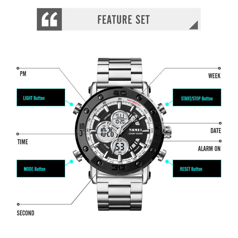Skmei 1636 Dual Time Analog Digital Stainless Steel Band Mens Watch Black