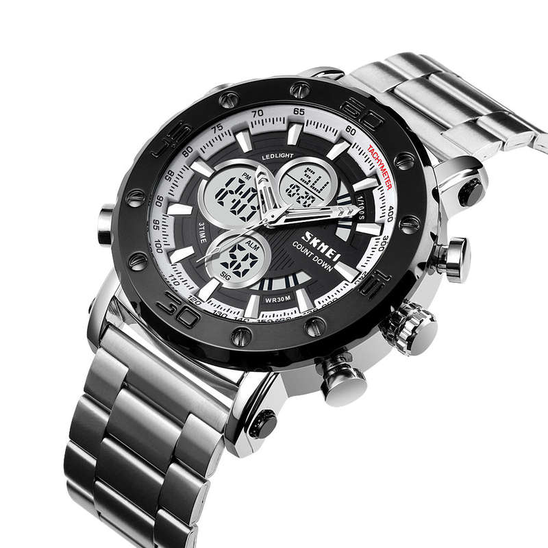 Skmei 1636 Dual Time Analog Digital Stainless Steel Band Mens Watch Silver White