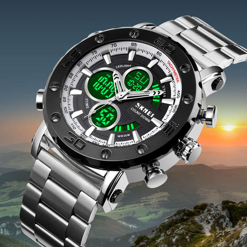 Skmei 1636 Dual Time Analog Digital Stainless Steel Band Mens Watch Silver White