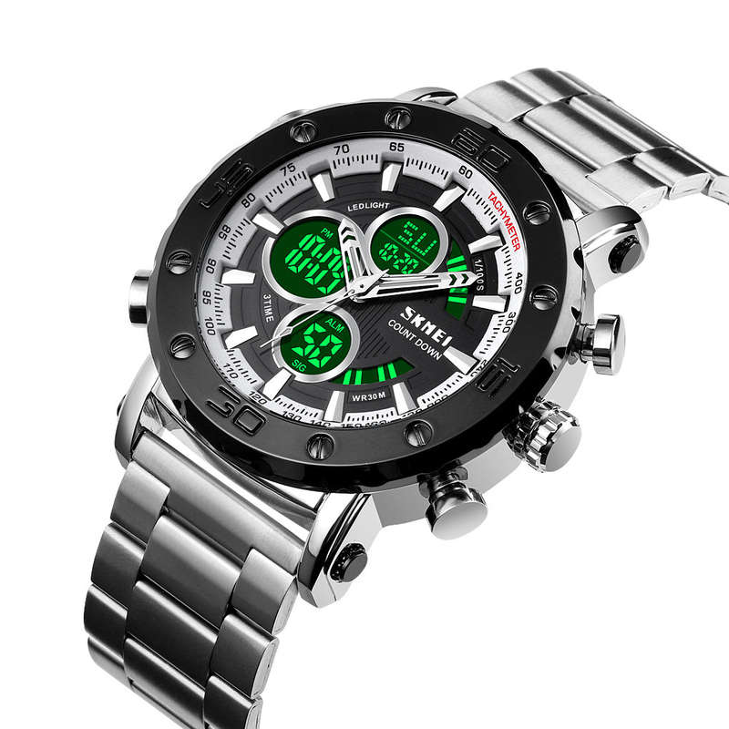 Skmei 1636 Dual Time Analog Digital Stainless Steel Band Mens Watch Silver White