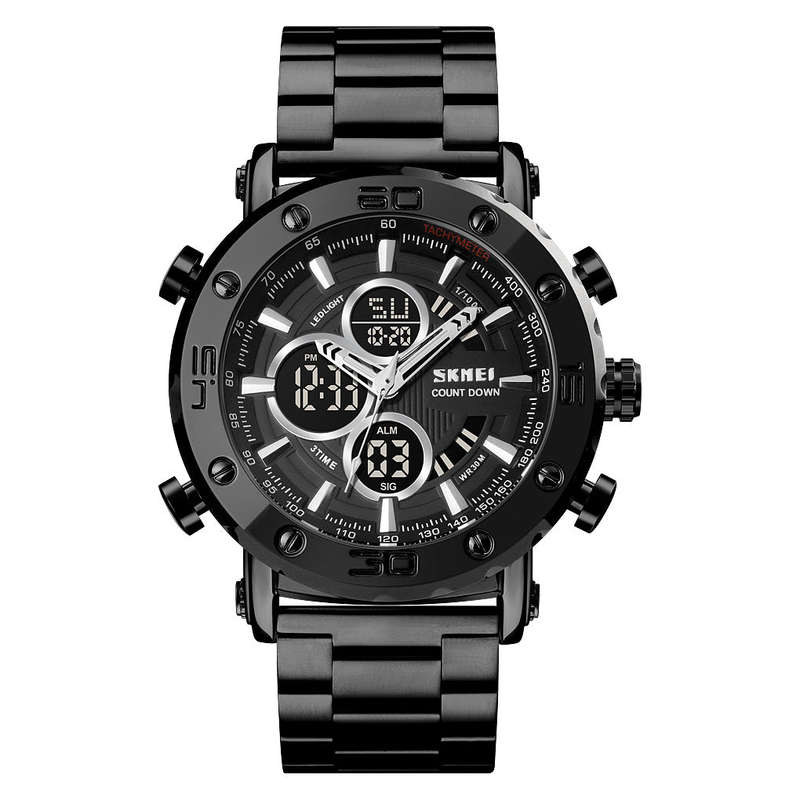 Skmei 1636 Dual Time Analog Digital Stainless Steel Band Mens Watch Black
