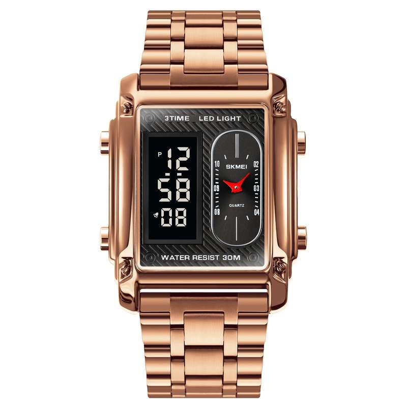 Skmei 1868 Unisex Casual Square Three Time Zones Digital Analog Luxury Watch Rose Gold
