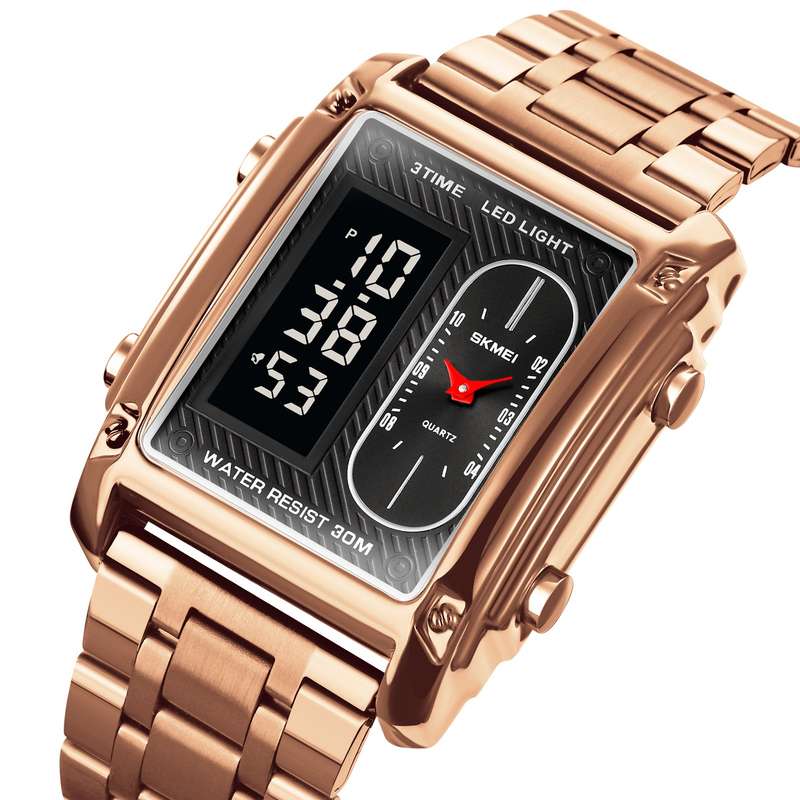 Skmei 1868 Unisex Casual Square Three Time Zones Digital Analog Luxury Watch Rose Gold