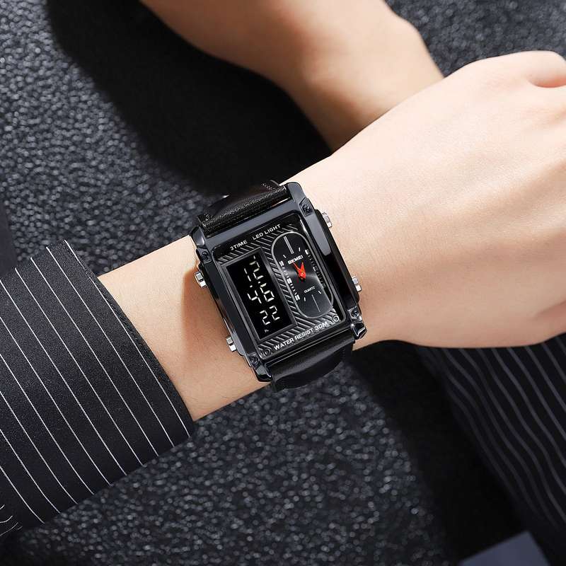 Skmei 1868 Unisex Casual Square Three Time Zones Digital Analog Luxury Watch Black