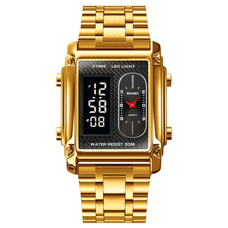 Skmei 1868 Unisex Casual Square Three Time Zones Digital Analog Luxury Watch Gold