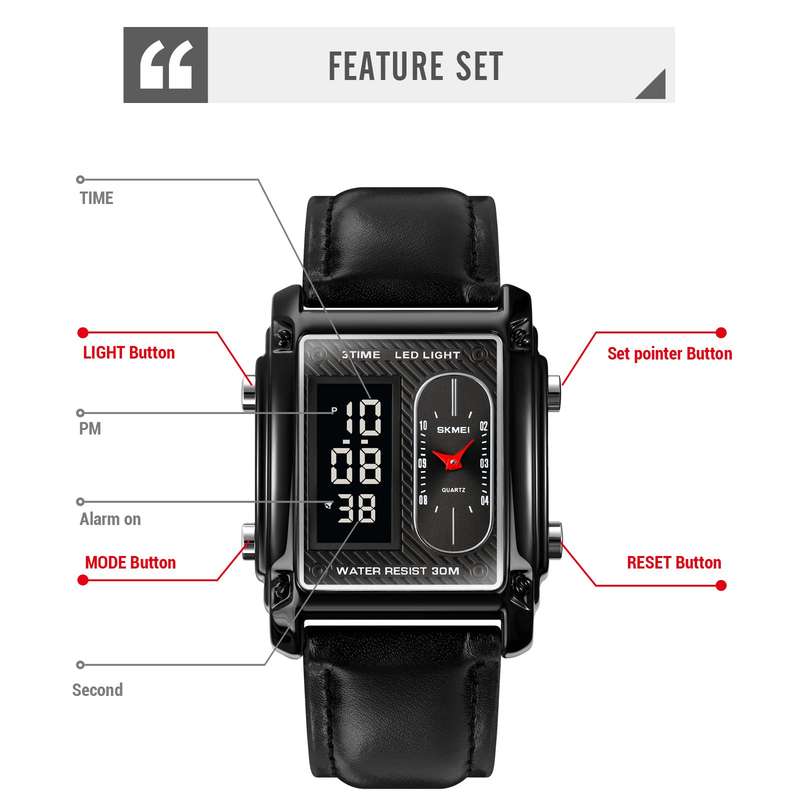 Skmei 1868 Unisex Casual Square Three Time Zones Digital Analog Luxury Watch Gold