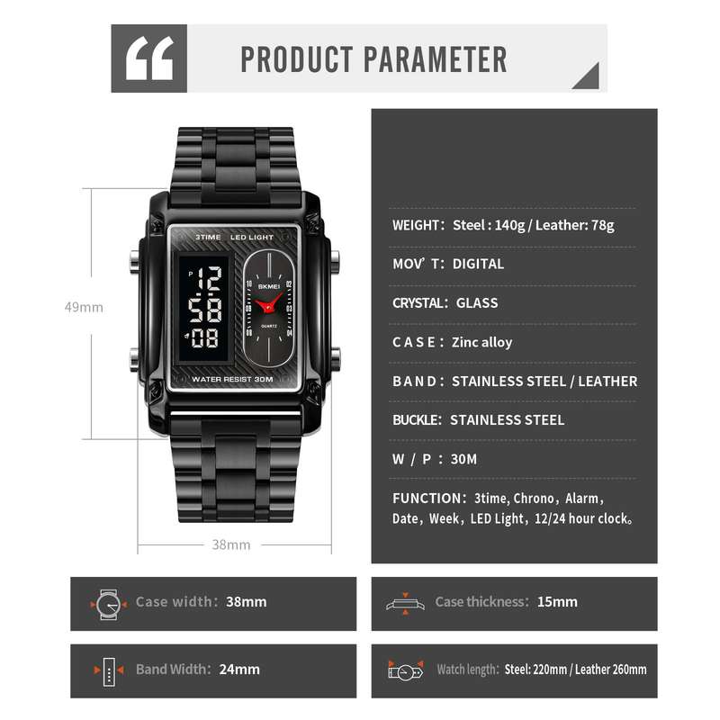 Skmei 1868 Unisex Casual Square Three Time Zones Digital Analog Luxury Watch Gold