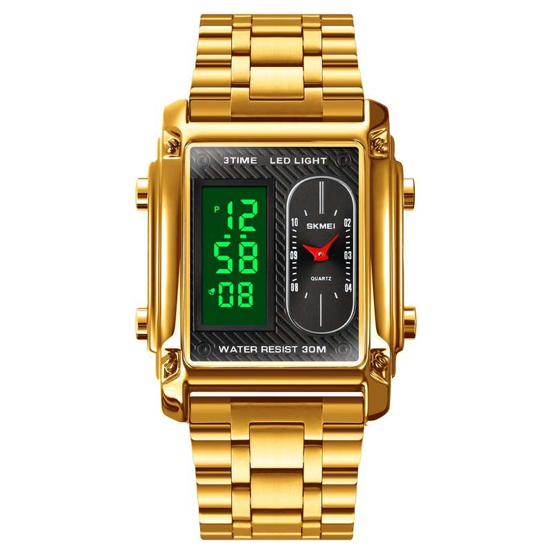 Skmei 1868 Unisex Casual Square Three Time Zones Digital Analog Luxury Watch Gold