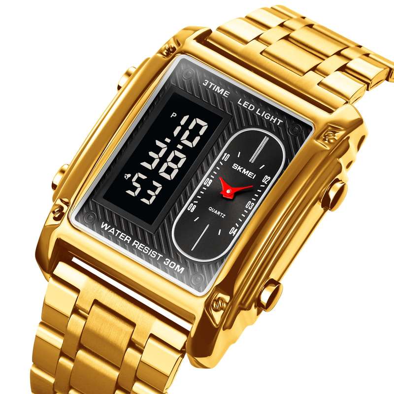 Skmei 1868 Unisex Casual Square Three Time Zones Digital Analog Luxury Watch Gold
