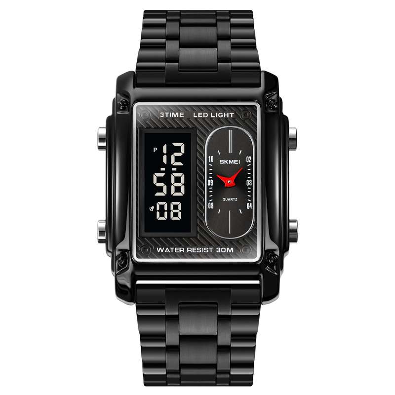 Skmei 1868 Unisex Casual Square Three Time Zones Digital Analog Luxury Watch Black