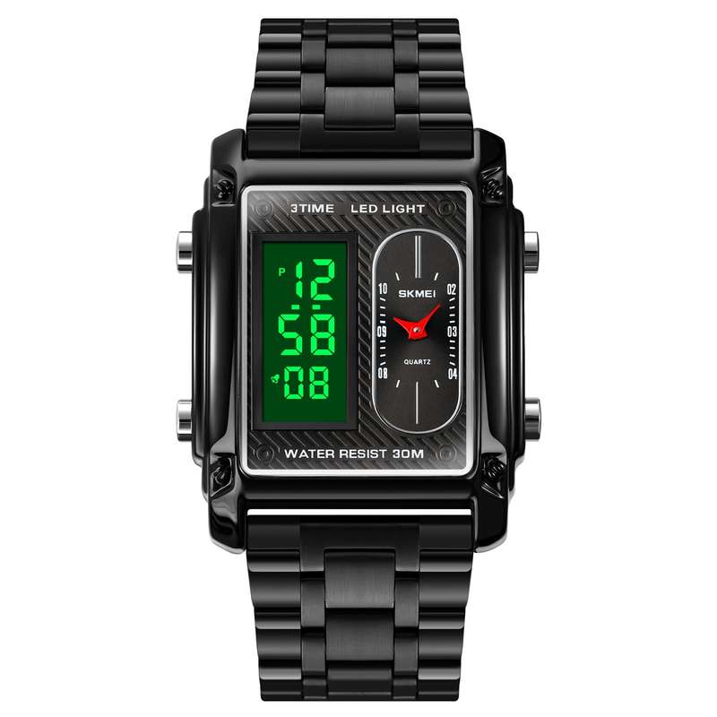 Skmei 1868 Unisex Casual Square Three Time Zones Digital Analog Luxury Watch Black