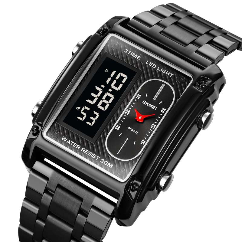 Skmei 1868 Unisex Casual Square Three Time Zones Digital Analog Luxury Watch Black