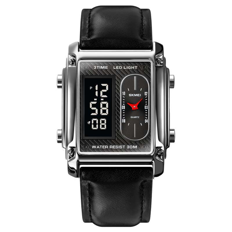 Skmei 1868 Unisex Casual Square Three Time Zones Digital Analog Luxury Watch Silver Leather
