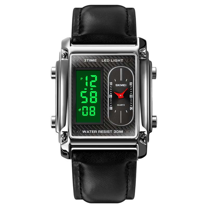 Skmei 1868 Unisex Casual Square Three Time Zones Digital Analog Luxury Watch Silver Leather