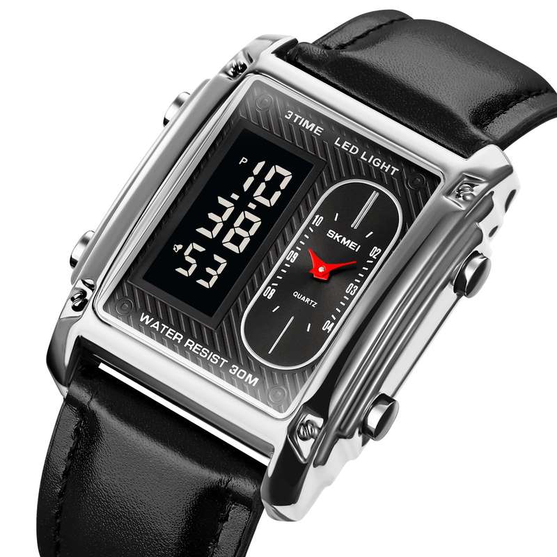 Skmei 1868 Unisex Casual Square Three Time Zones Digital Analog Luxury Watch Silver Leather