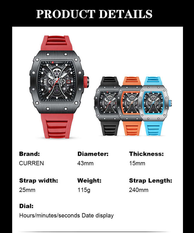 Curren 8438 Square Men's Casual Sport Silicone Wristwatch Blue
