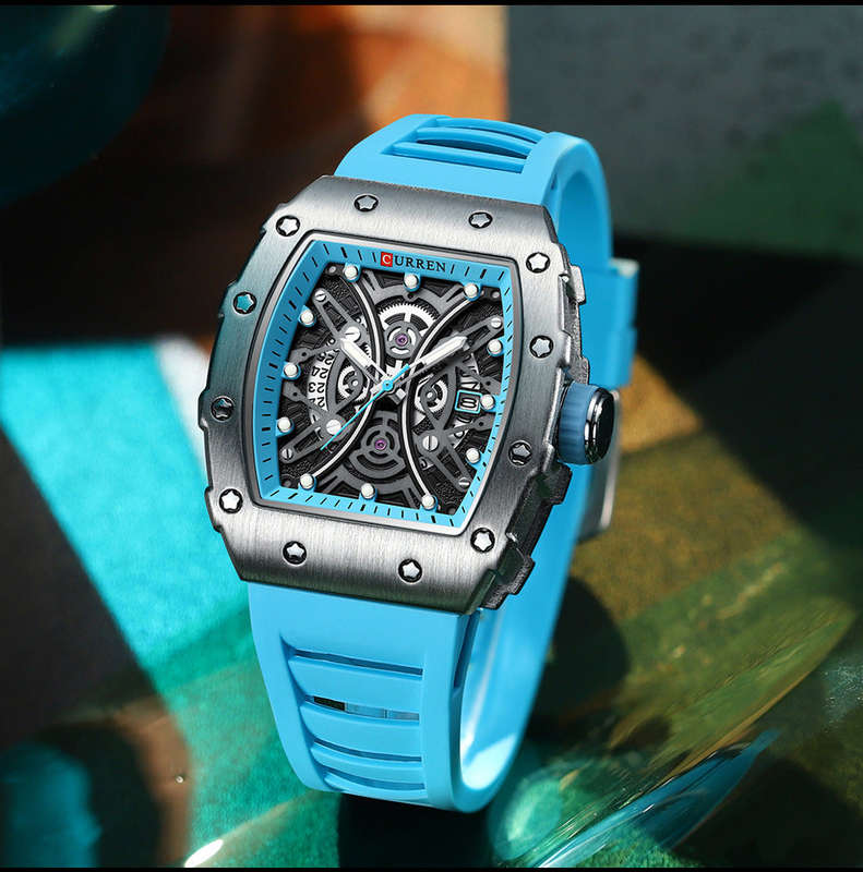 Curren 8438 Square Men's Casual Sport Silicone Wristwatch Blue