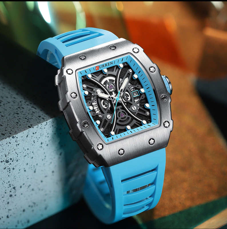 Curren 8438 Square Men's Casual Sport Silicone Wristwatch Blue