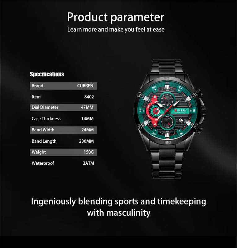Curren 8402 Calendar Six-Hand Stainless Steel Strap Business Quartz Watch