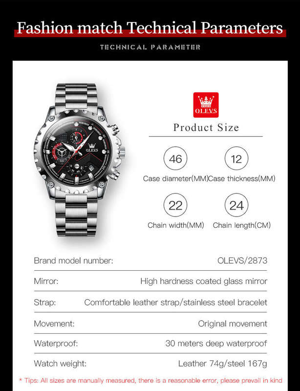 Olevs 2873 Mens Sports Multifunction Wrist Watch With Stainless Steel Strap Silver