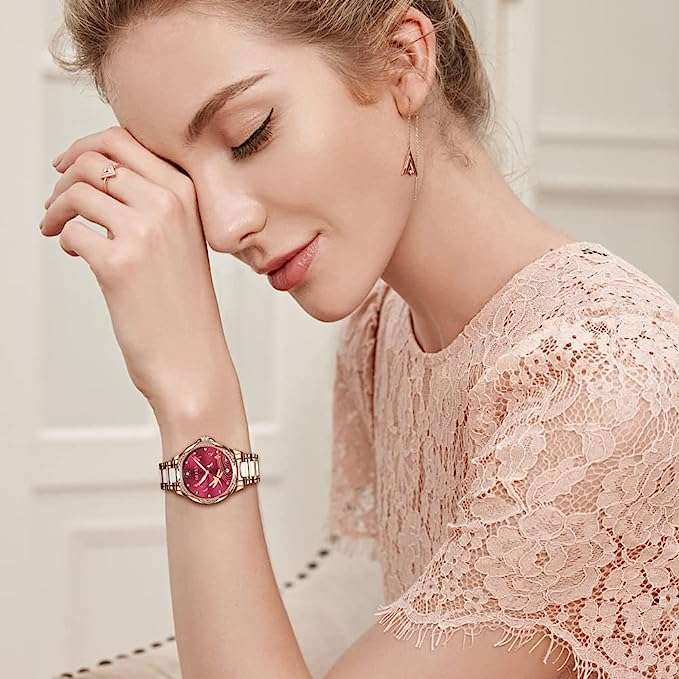Olevs 6610 Ladies Mechanical Wrist Watch With Stainless Steel Strap Red
