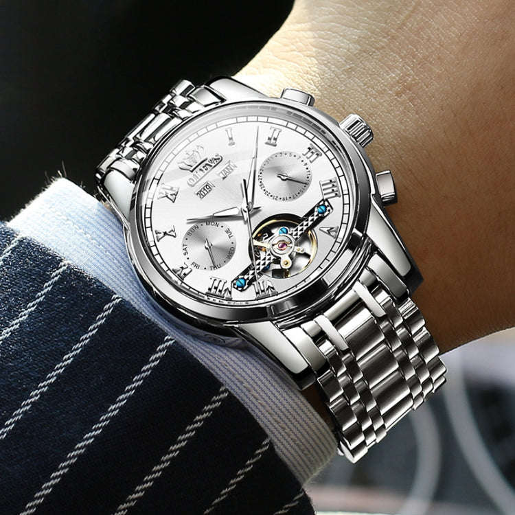 Olevs 6607 Mechanical Wrist Watch With Chronograph & Stainless Steel Strap Silver