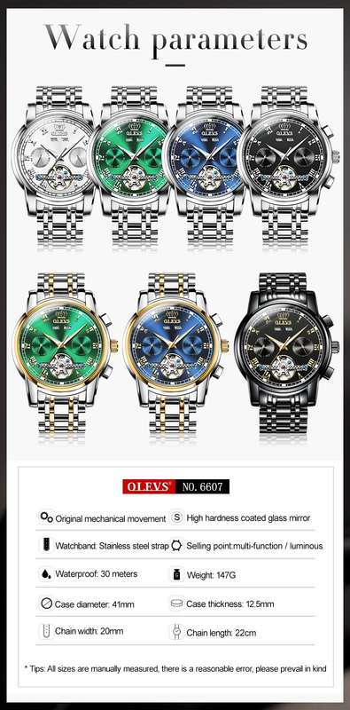 Olevs 6607 Mechanical Wrist Watch With Chronograph & Stainless Steel Strap Silver