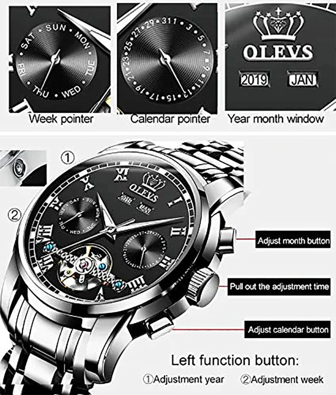 Olevs 6607 Mechanical Wrist Watch With Chronograph & Stainless Steel Strap Black