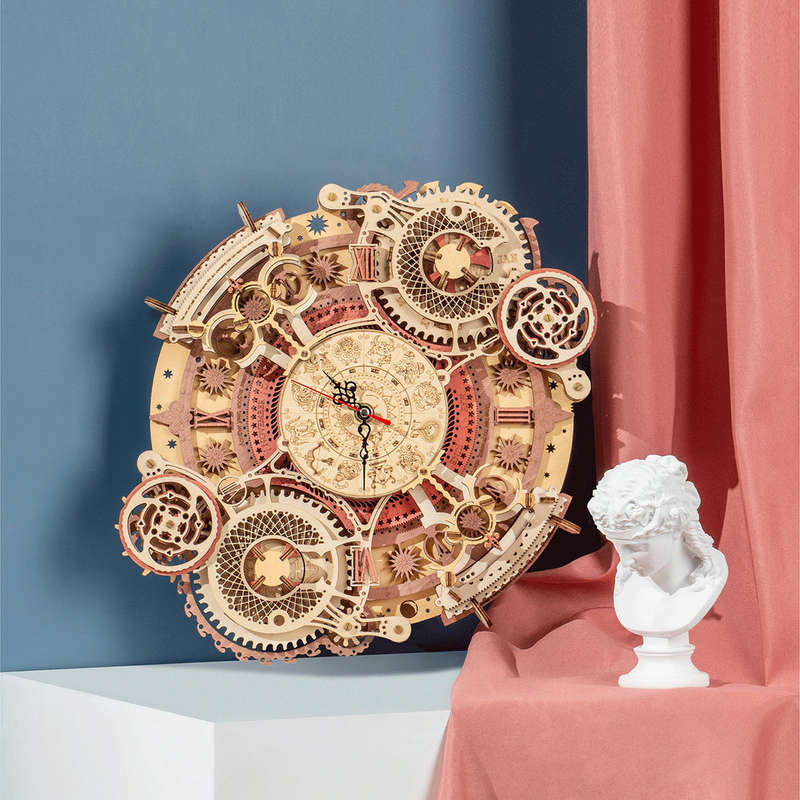 Robotime Zodiac Wall Clock Mechanical Time Art Engine 3D Wooden Puzzle
