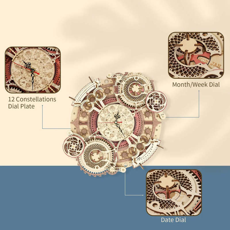 Robotime Zodiac Wall Clock Mechanical Time Art Engine 3D Wooden Puzzle