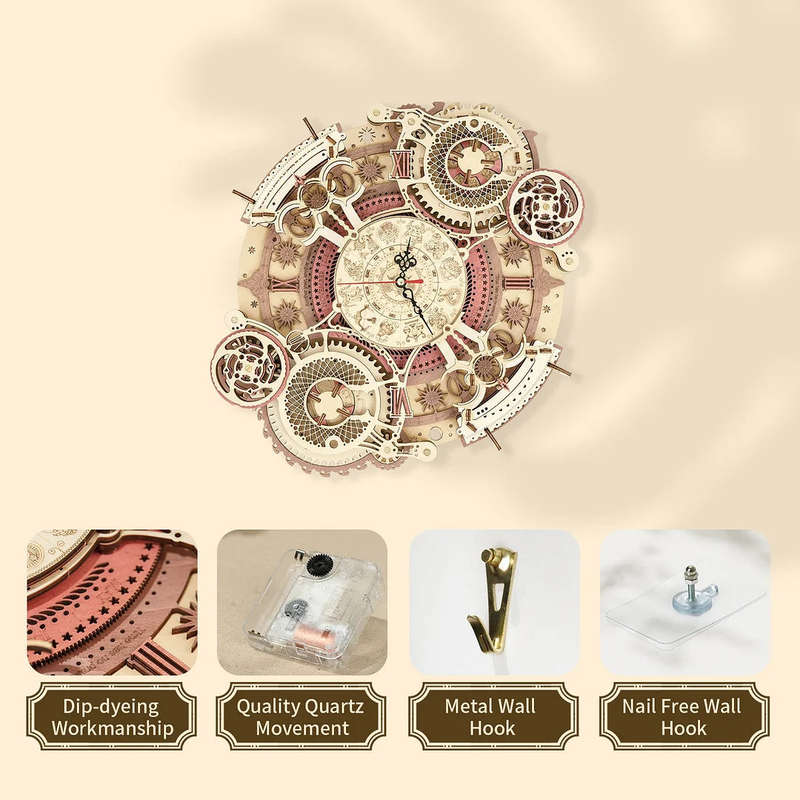 Robotime Zodiac Wall Clock Mechanical Time Art Engine 3D Wooden Puzzle