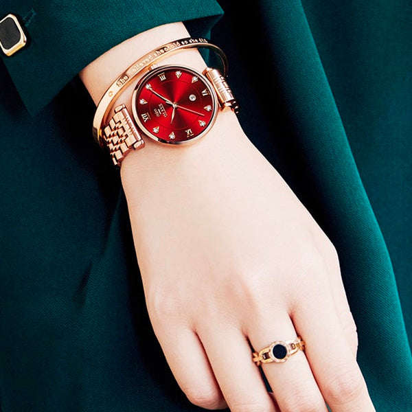 Olevs 5866 Ladies Embellished Rose Gold Wrist Watch With Stainless Steel Strap Red