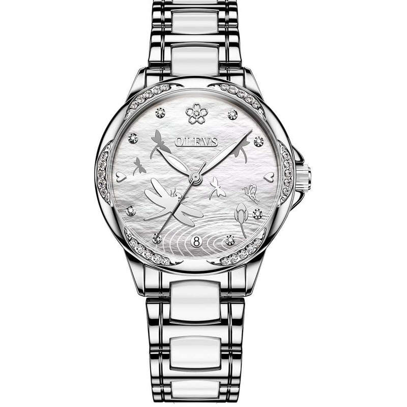 Olevs 6610 Ladies Mechanical Wrist Watch With Stainless Steel Strap White