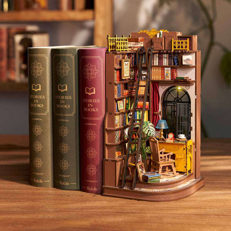 Robotime Silent Corner Study DIY Book Nook Shelf Insert Miniature Dollhouse