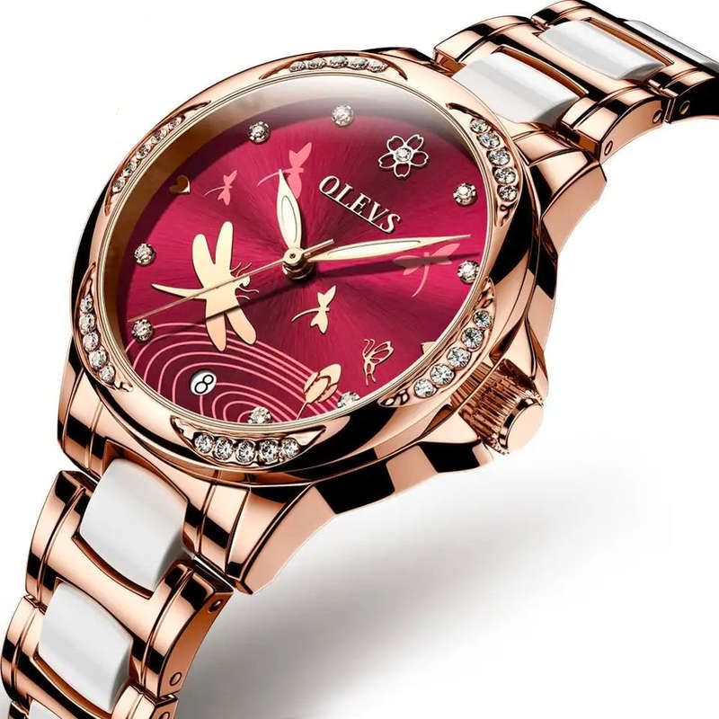 Olevs 6610 Ladies Mechanical Wrist Watch With Stainless Steel Strap Red