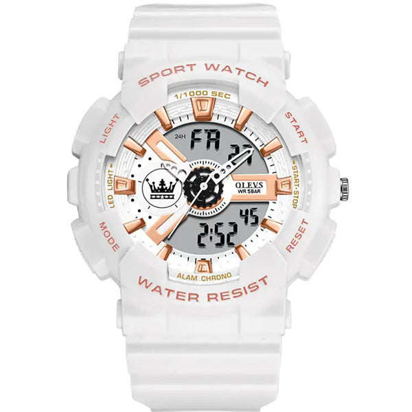 Olevs 1102 Unisex Shockproof Waterproof Digital Sports Silicone Wrist Watch White