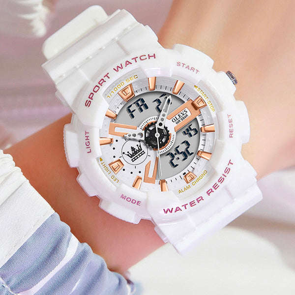 Olevs 1102 Unisex Shockproof Waterproof Digital Sports Silicone Wrist Watch White