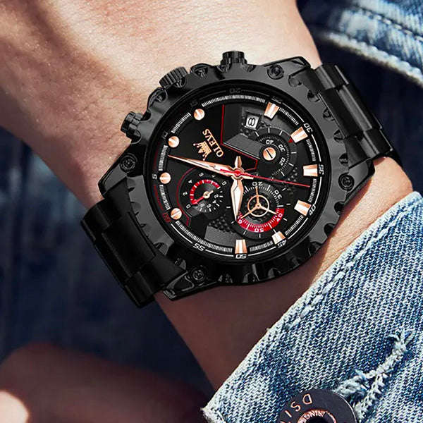 Olevs 2873 Mens Sports Multifunction Wrist Watch With Stainless Steel Strap Black