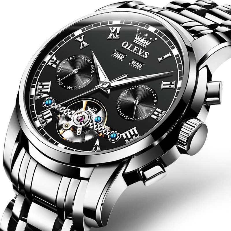 Olevs 6607 Mechanical Wrist Watch With Chronograph & Stainless Steel Strap Black
